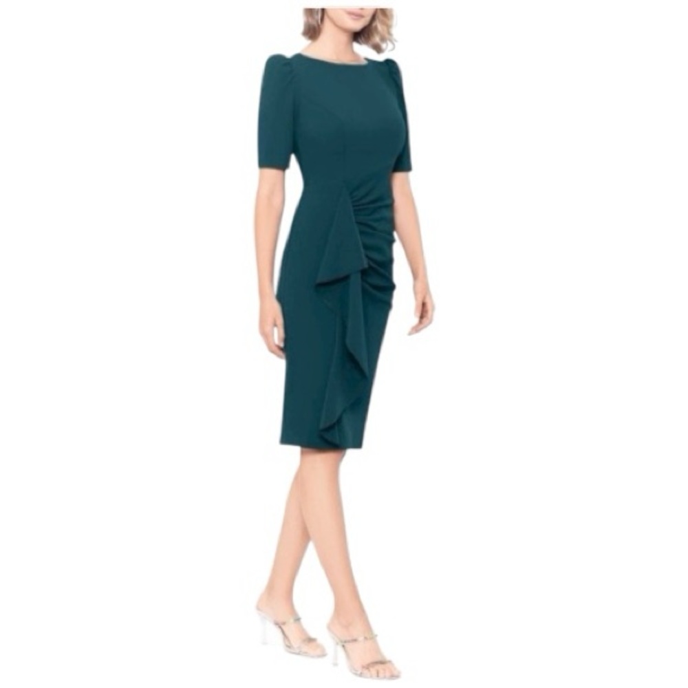 Xscape Ruched Hunter Green Puff Sleeve Short Sleeve Sheath Scuba Dress Size 12 - Picture 3 of 10